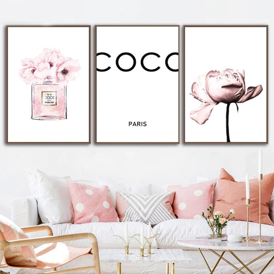 Fashion Perfume Illustration Canvas Painting Prints Blush Pink Peony Flower Wall Art Pictures Nordic Poster Home Room Decor